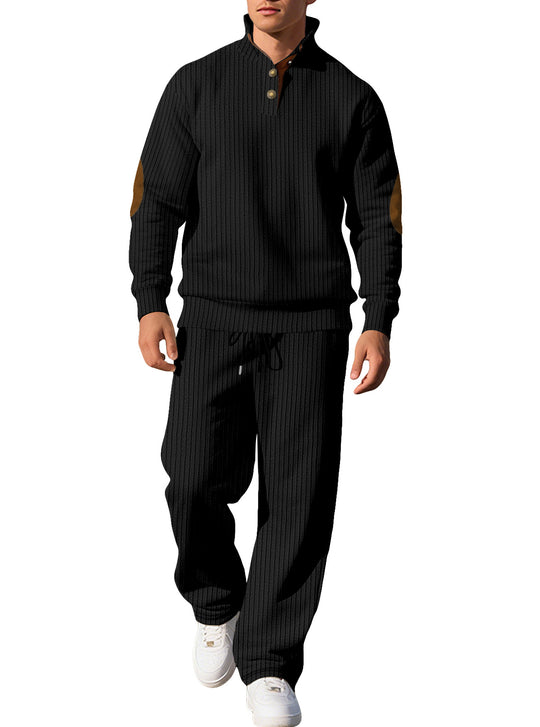 Herren nan feiner Rippstrickpullover mit halber Knopfleiste hohem Stehkragen und kontrastierendem Suedine-Ellbogenbesatz EB