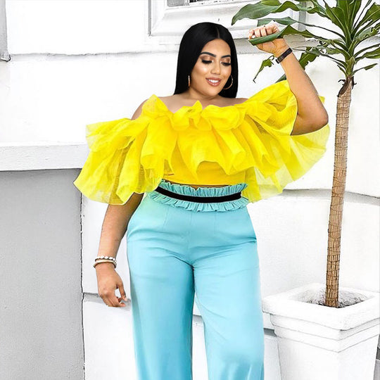 Damen Bluse mit voluminösen Rüschenärmeln und elegantem Taillenband EB