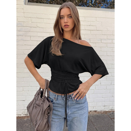 Damen asymmetrisches Crop-Top mit weitem Schnitt und fließenden Ärmeln EB