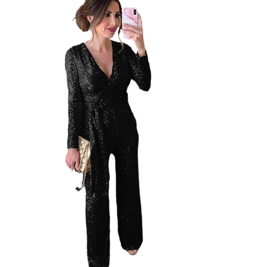 Damen Eleganter Jumpsuit mit V-Ausschnitt und schimmerndem Detail EB