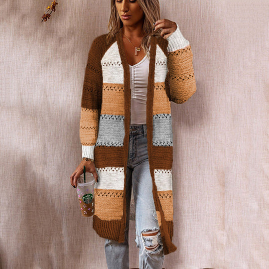 Damen Langer Strickcardigan mit kunstvollem Streifenmuster und luftiger Struktur EB