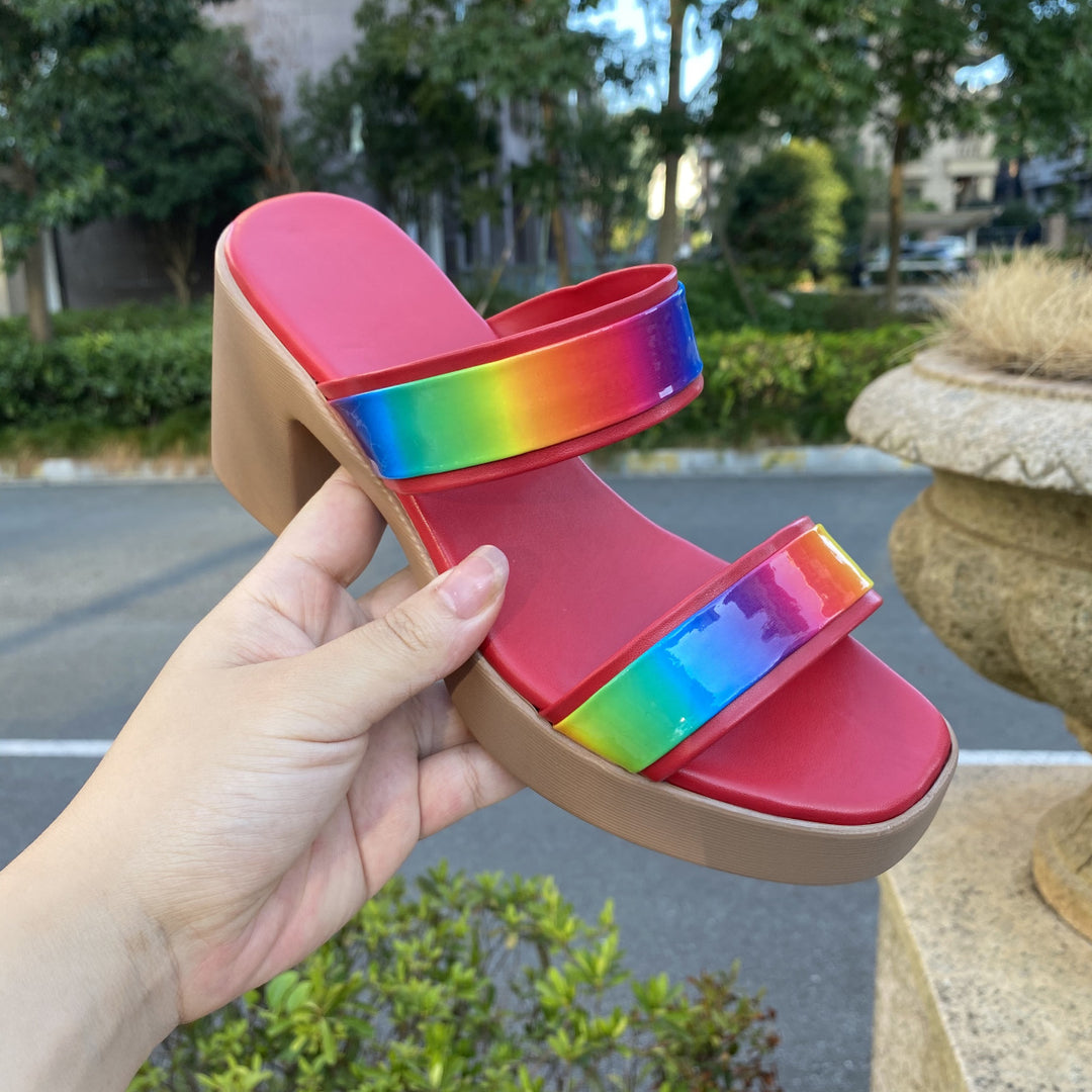 Damen Plateau-Sandalen mit regenbogenfarbenem Glanz und bequemem Absatz EB