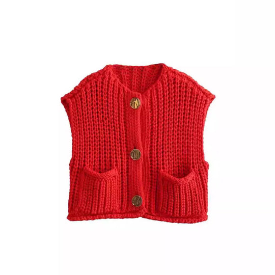Damen modische Strickweste mit dekorativen Knopfdetails und praktischen Taschen EB