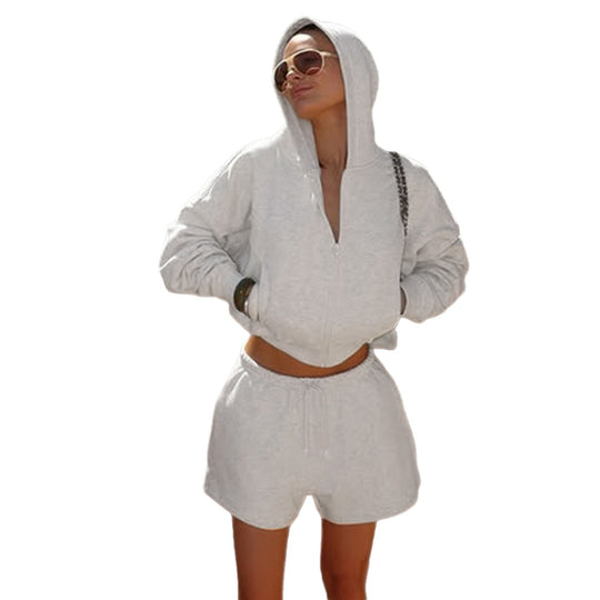 Damen nan kurzes Kapuzen-Hoodie und Drawstring-Shorts Lounge-Set mit durchgehendem Reißverschluss und taillenhohem Bindebund EB