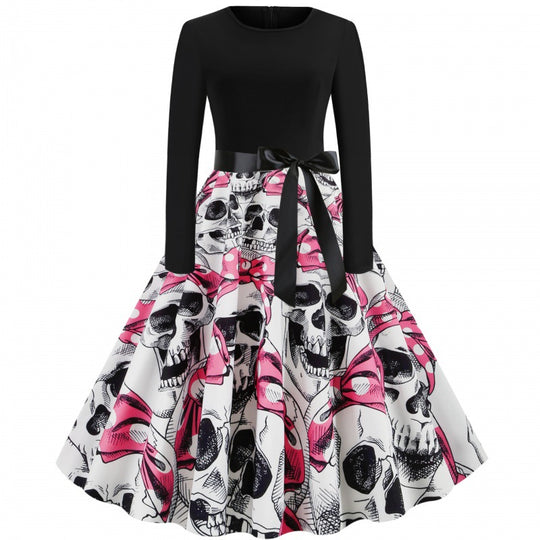Damen Vintage Swingkleid mit Kürbisprint, langärmlig und taillierter Satinschleife EB