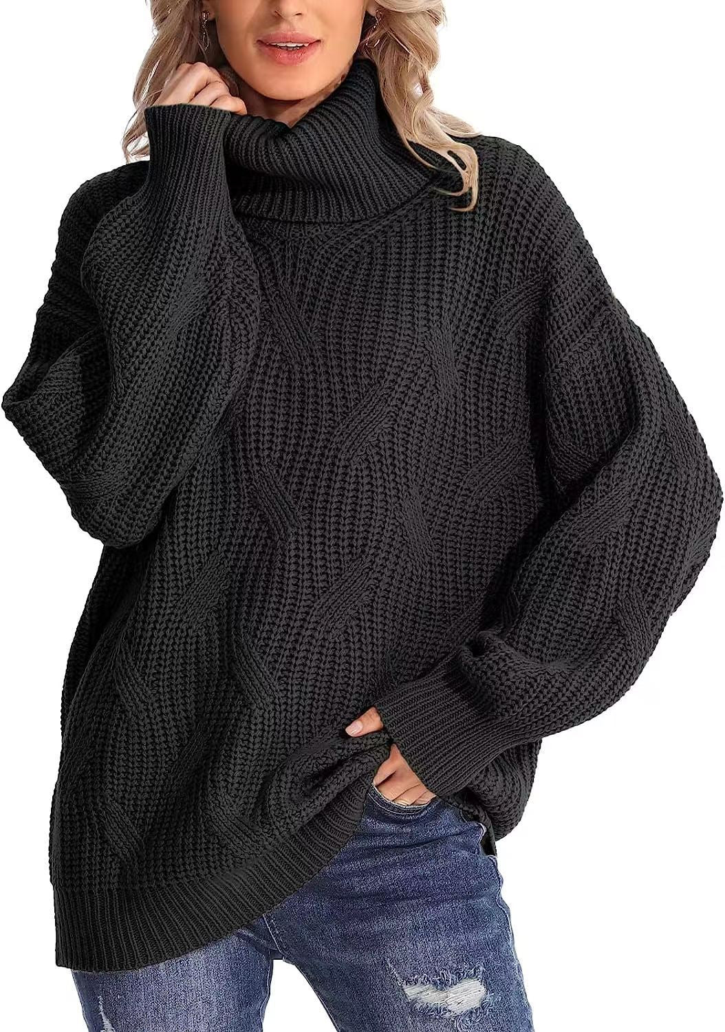 Damen Grobstrickpullover mit hohem Kragen und strukturiertem Zopfmuster EB