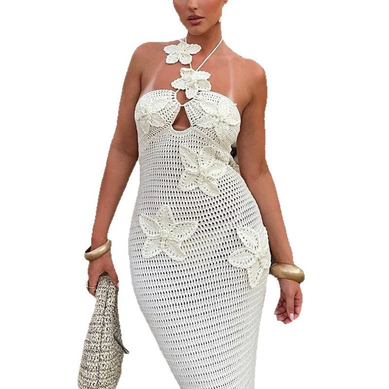 Damen Häkel-Maxikleid mit floralem Design und schmalem Schnitt EB