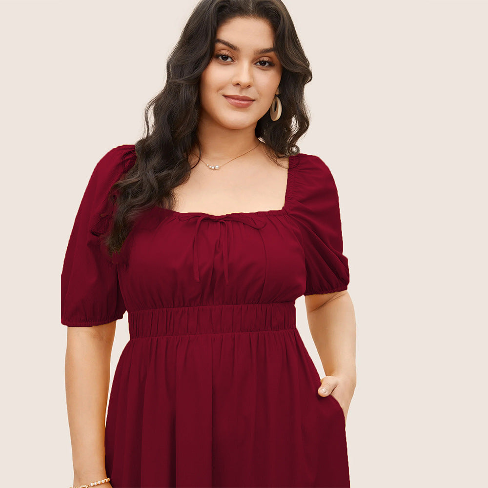 Damen elegantes Midikleid mit modischen Puffärmeln und Taillenschnürung EB