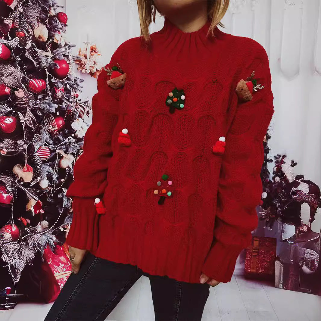 Damen Winter-Pullover mit festlichem Motiv und strukturierter Strickart EB