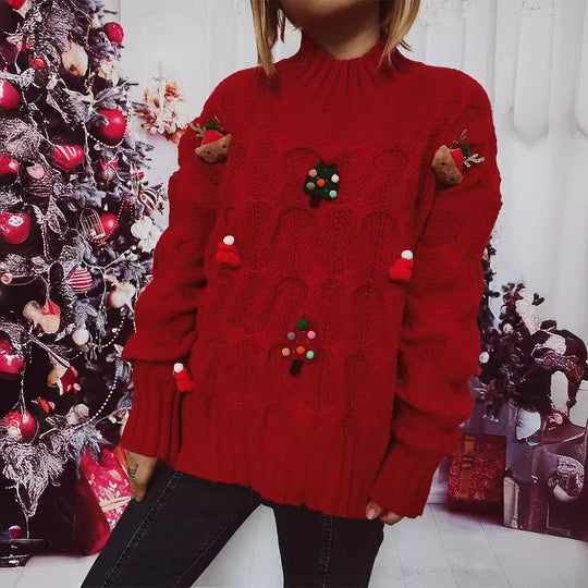 Damen Winter-Pullover mit festlichem Motiv und strukturierter Strickart EB