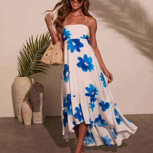 Damen Maxikleid mit dekorativen Blumenmustern und elegantem Rüschenabschluss EB