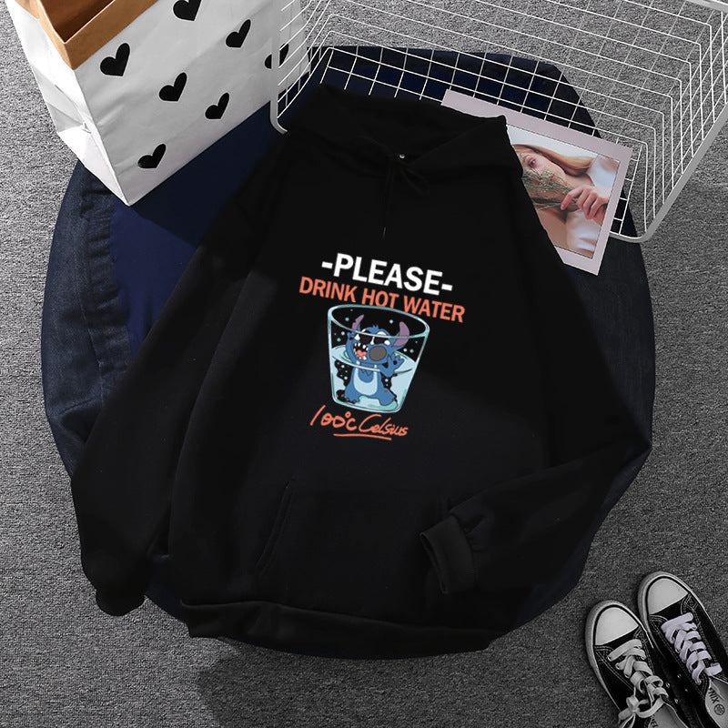 Damen nan Kapuzenpullover mit großflächigem Cartoon-Glas-Print, weichem Fleece-Innenfutter und Kängurutasche EB