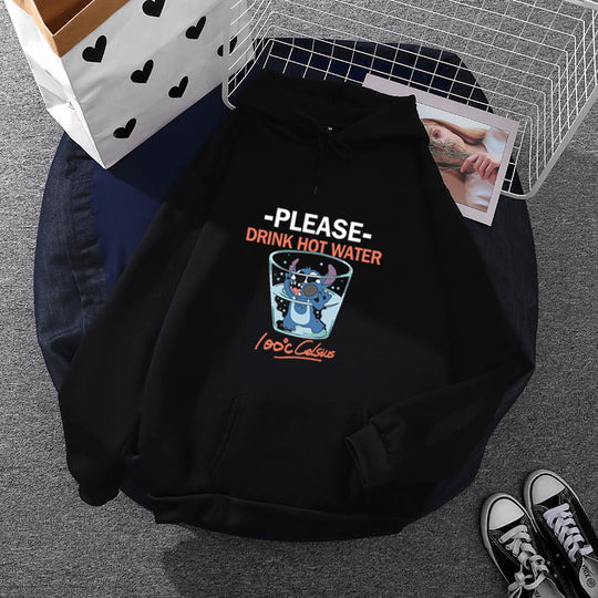 Damen nan Kapuzenpullover mit großflächigem Cartoon-Glas-Print, weichem Fleece-Innenfutter und Kängurutasche EB