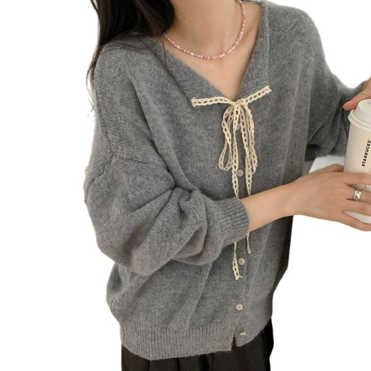 Damen lässiger Strickcardigan mit Kordelzug und feiner Struktur EB