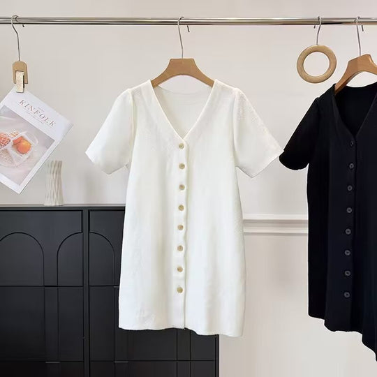 Damen Knopf-Down Kleid mit V-Ausschnitt und kurzen Ärmeln EB