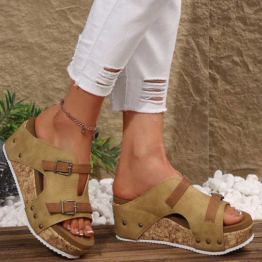 Damen Komfortable Sandalen mit Korksohle und Schnallen EB