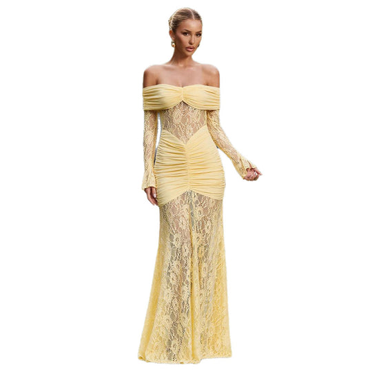 Damen Elegantes Spitzen Abendkleid mit schulterfreier Silhouette und raffinierten Rüschendetails EB