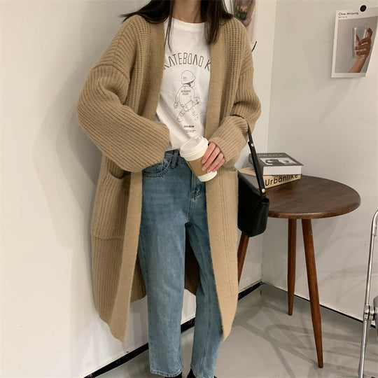 Damen Langer Strick-Cardigan mit tiefen Taschen und luftiger Passform EB