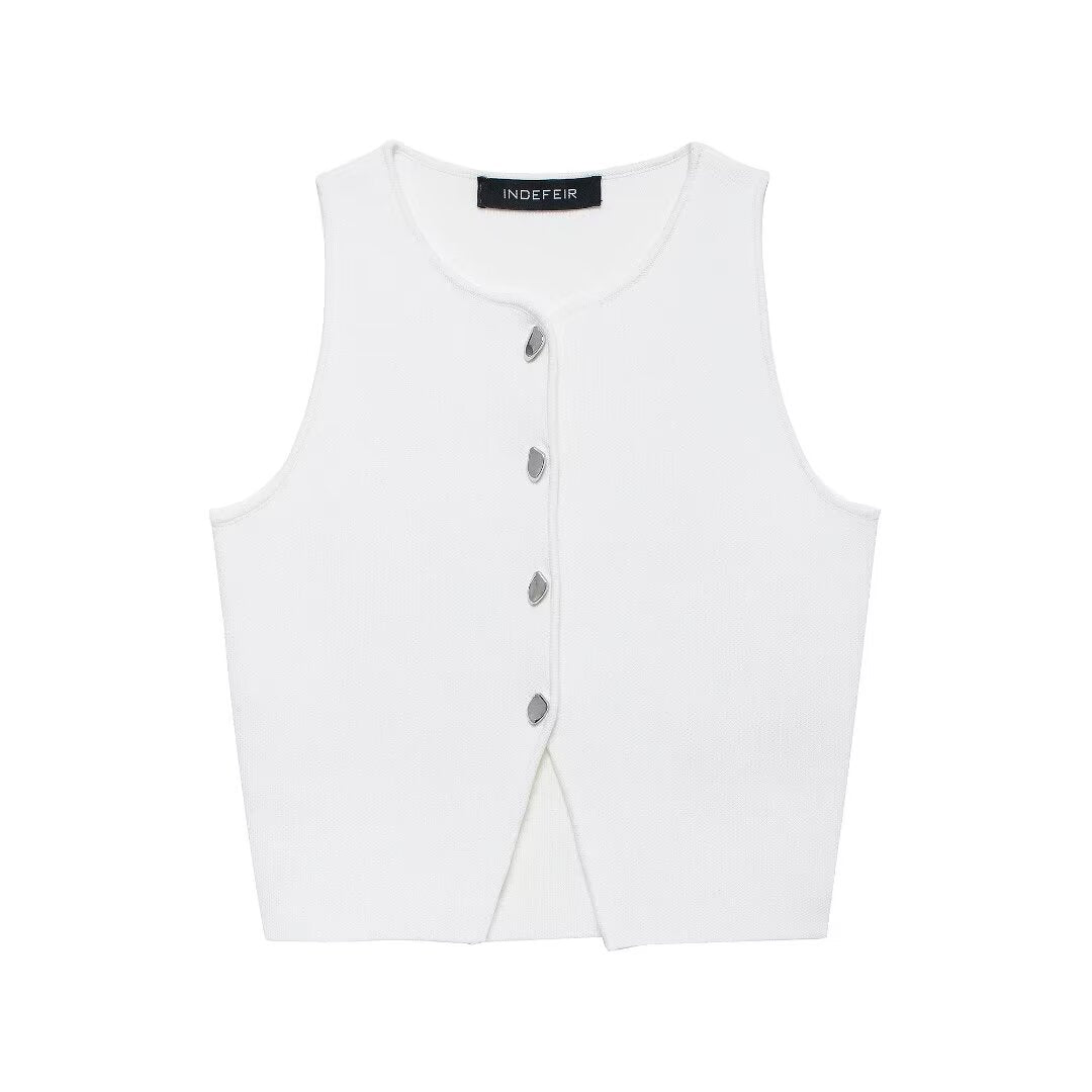Damen ärmelloses Strickoberteil mit Knopfdetails EB