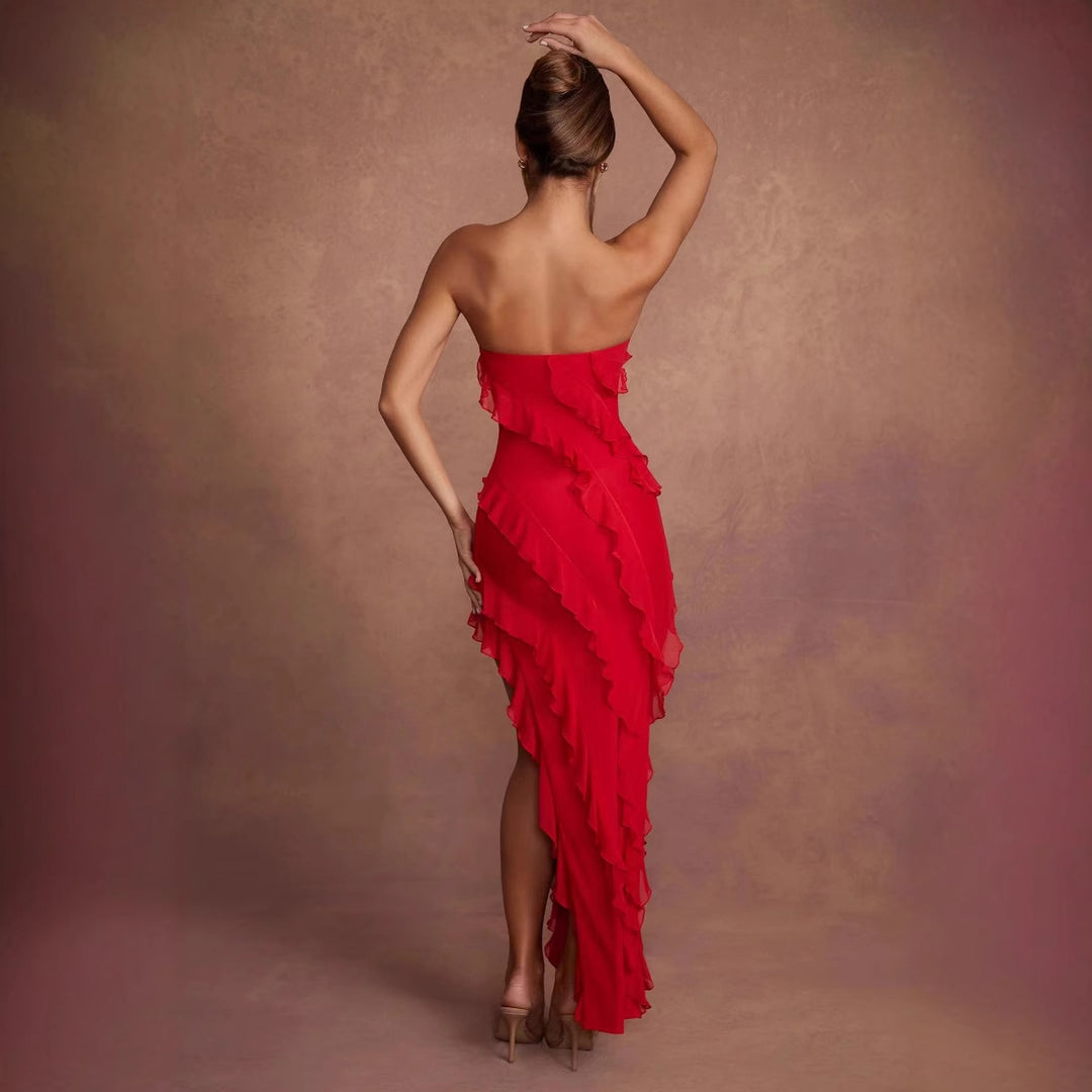 Damen Off-Shoulder Minikleid mit asymmetrischem Rüschensaum EB