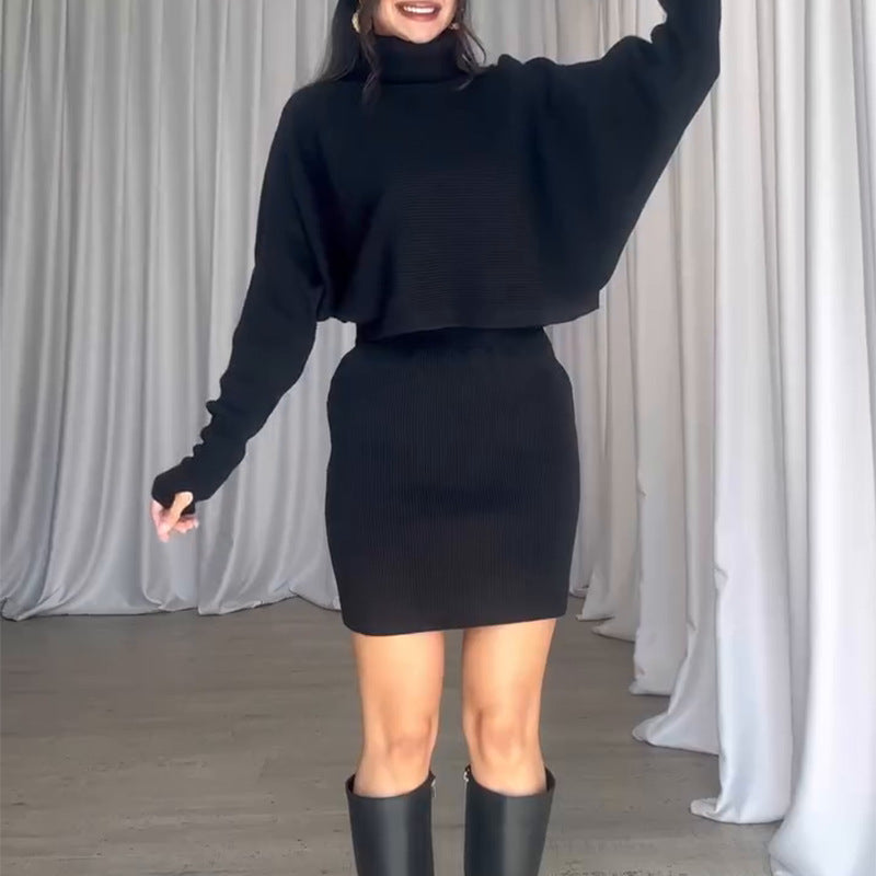 Damen Strickkleid mit lässigem Rollkragen und angeschnittenen Ärmeln EB
