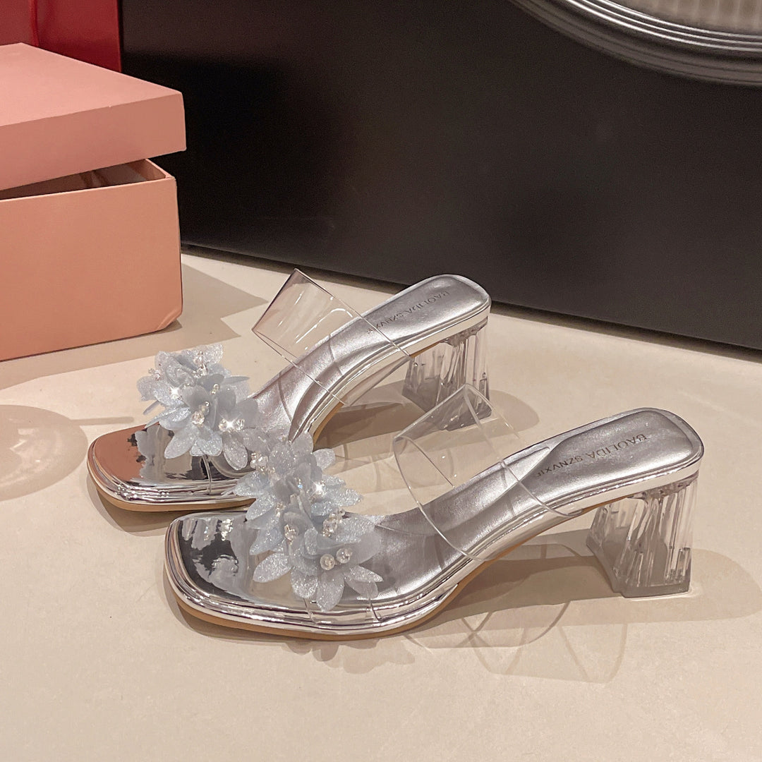 Damen elegante Blockabsatzschuhe mit transparenten Riemen und funkelnden Applikationen EB