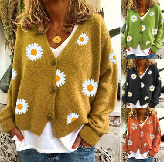 Damen Strickjacke mit Blumenstickerei und V-Ausschnitt EB