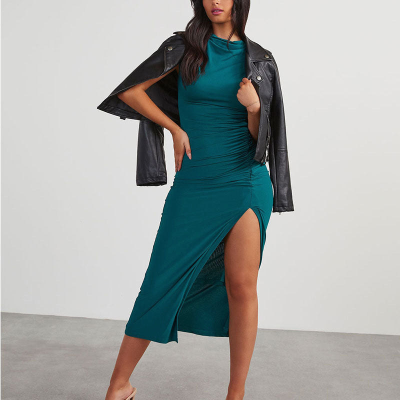 Damen Etuikleid mit asymmetrischen Raffungselementen und seitlichem Schlitz EB