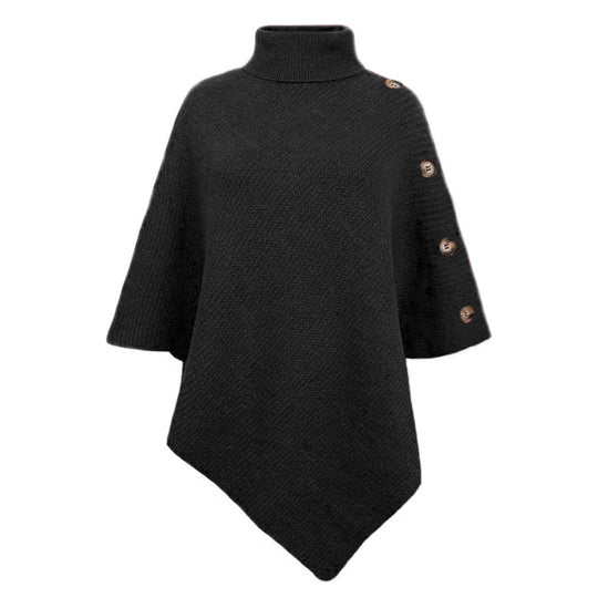 Damen nan asymmetrischer Strickponcho mit Rollkragen und dekorativer Knopfleiste EB