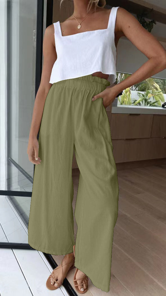 Damen Hochtaillierte Palazzo-Hose mit elastischem Bund und seitlichen Taschen EB