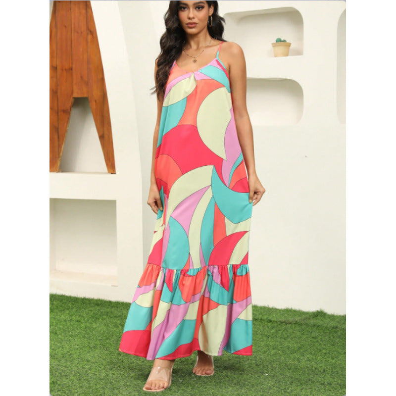 Damen Maxikleid mit farbenfrohem Mustermix und voluminösem Rock EB