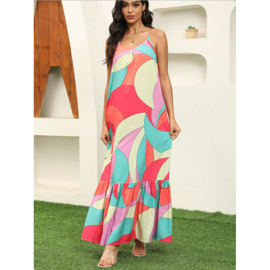 Damen Maxikleid mit farbenfrohem Mustermix und voluminösem Rock EB