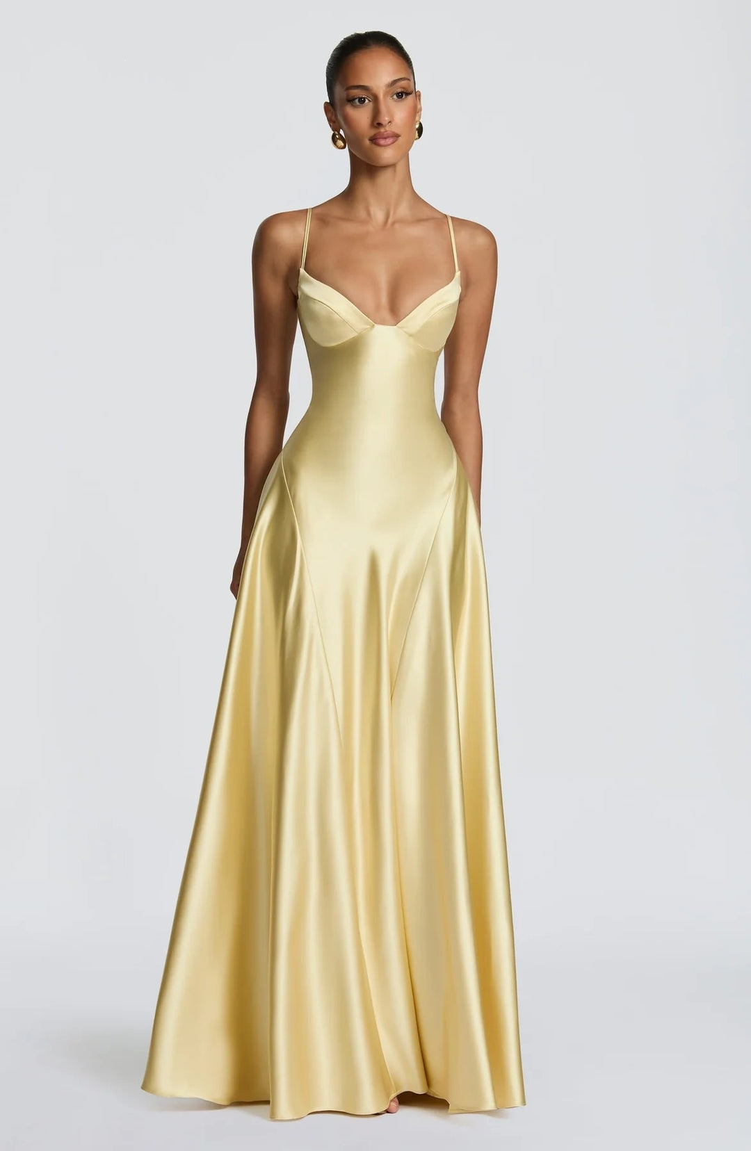 Damen elegantes Satin-Maxikleid mit raffinierten Spaghettiträgern EB