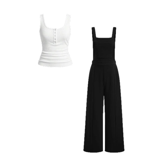 Damen lässiger Tank-Top und weit geschnittenen Latzhose Set EB