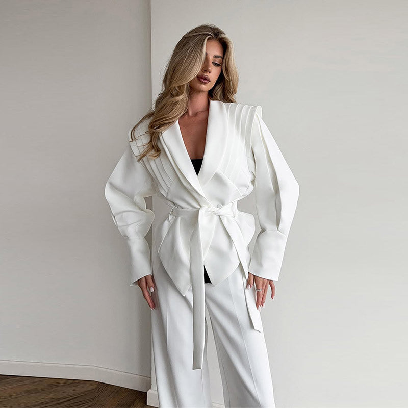 Damen Modische Blazerjacke mit asymmetrischem Schnitt und Taillengürtel EB