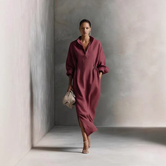 Damen stilvolles Midikleid mit Bindegürtel und klassischem Kragen EB