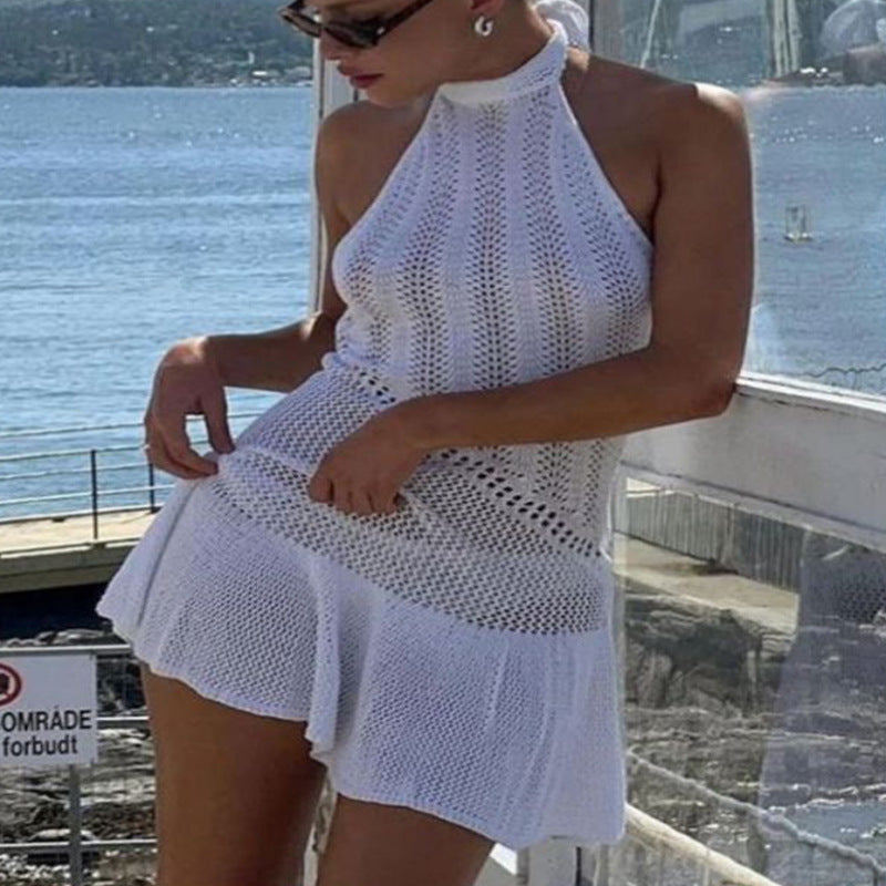 Damen luftiges Strandkleid mit feinem Häkelmuster und voluminösem Saum EB