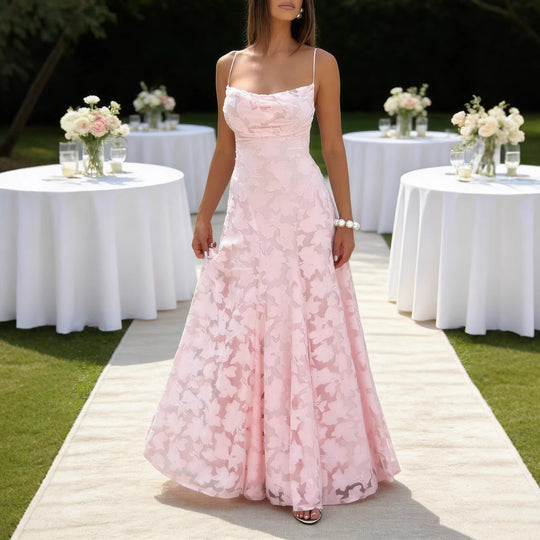 Damen Elegantes Maxikleid mit floralem Spitze-Design und verstellbaren Spaghettiträgern EB