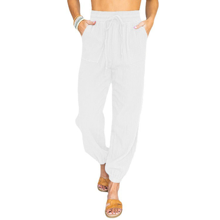 Damen nan leichte Leinenoptik Freizeit-Hose mit hohem elastischem Bund, Kordelzug, aufgesetzten Taschen und elastischen Knöchelbündchen EB