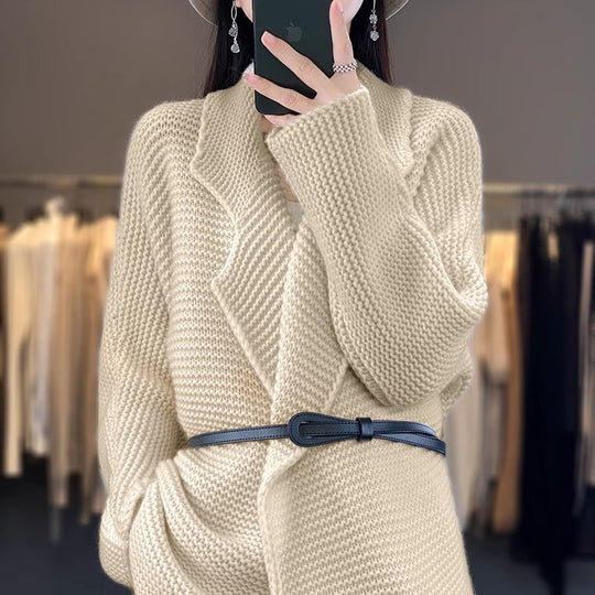 Damen Grobstrick Cardigan mit eleganten Revers und Taillengürtel EB