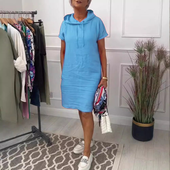 Damen nan legeres Kapuzenkleid mit kurzem Ärmel, geradem Schnitt und Kordelzug EB