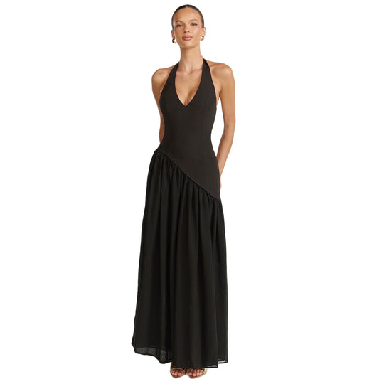 Damen Maxikleid mit tiefem V-Ausschnitt und asymmetrischem Rock EB