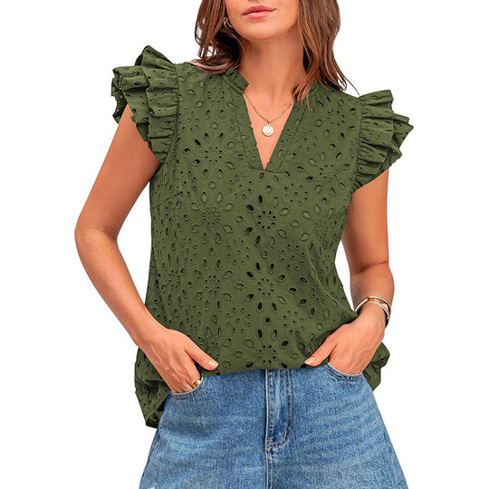 Damen Bluse mit Rüschenärmel und floralem Lochmuster EB