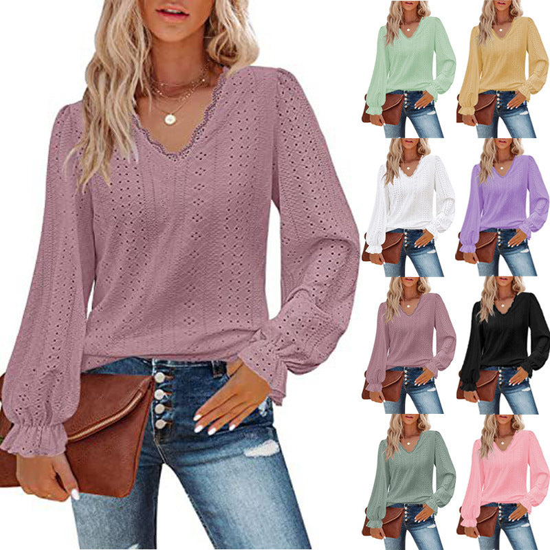 Damen lässige Bluse mit romantischem Spitzenmuster EB