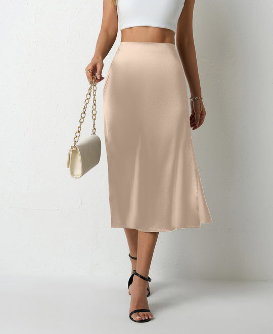 Damen eleganter Satin-Midirock mit fließendem Schnitt und hohem Bund EB
