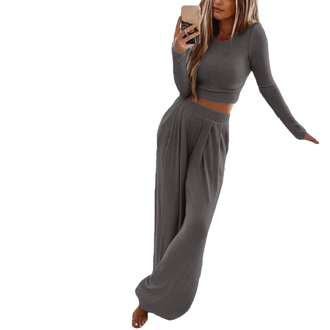 Damen Elegantes Lounge-Set mit langärmeligem Oberteil und weiten Hosen EB