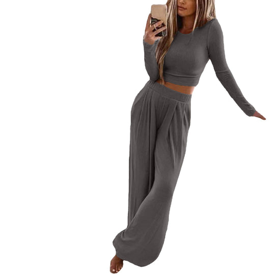 Damen Elegantes Lounge-Set mit langärmeligem Oberteil und weiten Hosen EB
