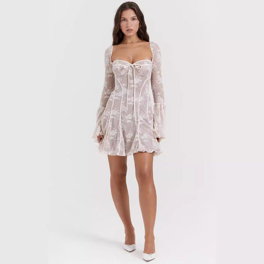 Damen romantisches Spitzenkleid mit Schnürung und flared Ärmeln EB