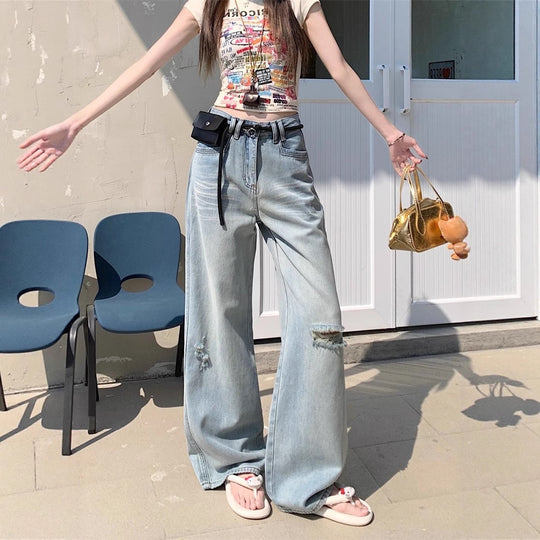 Damen Weite Denim-Jeans im lässigen Vintage-Stil mit modischen Rissen EB