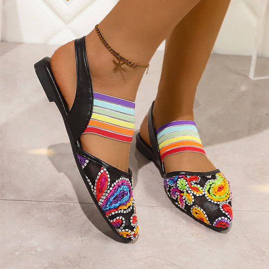 Damen Slipper mit buntem Stickmuster und elastischen Bändern EB
